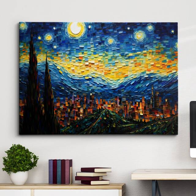 starry Night City Paint Abstract Art Oil Painting Wall Art, Framed Canvas Poster Print, Home/Office Room Decor Gifts - image 1