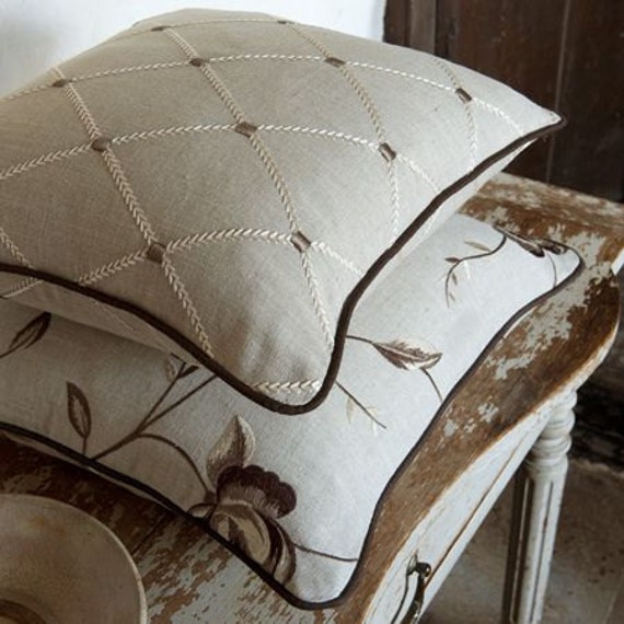 Embroidered Linen Pillow Cover - Clarke & Geometric Cushion - image 1