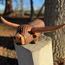 New Hand Carved Wooden Mcfluffkins The Highland Cow - Longhorn Sculpture. Ornament. Statue. Cows - thumbnail 2