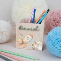 Personalized Pencil Holder Space, Gift For School Child, Desk Organizer Wood Acrylic Name, Cup Enrollment, Cone Boy