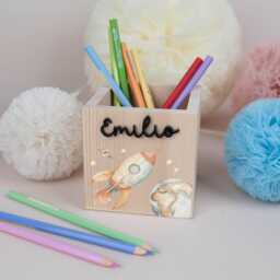 Personalized Pencil Holder Space, Gift For School Child, Desk Organizer Wood Acrylic Name, Cup Enrollment, Cone Boy - thumbnail 3
