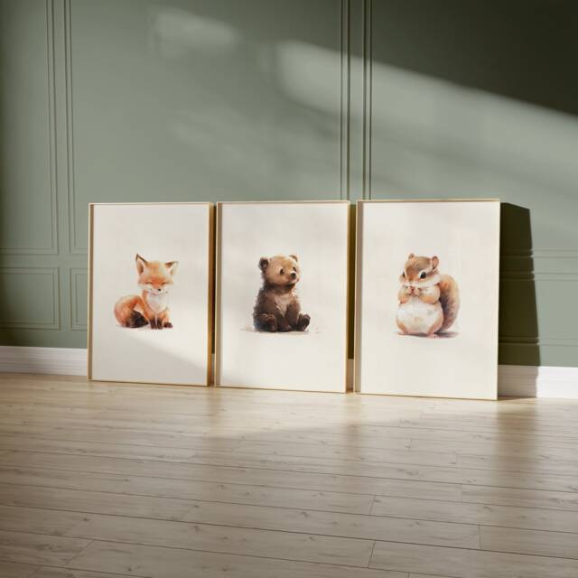 Woodland Nursery Prints, Decor, Wall Art, Set Of 3 Animals - image 1