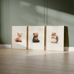 Woodland Nursery Prints, Decor, Wall Art, Set Of 3 Animals - thumbnail 1