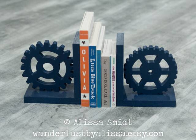 Gear Bookends Custom Wooden Bookends, Cog Bookends - Navy, Book Lover Gift, Steampunk Valentine's Gift - image 1