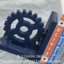 Gear Bookends Custom Wooden Bookends, Cog Bookends - Navy, Book Lover Gift, Steampunk Valentine's Gift - thumbnail 2
