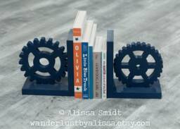 Gear Bookends Custom Wooden Bookends, Cog Bookends - Navy, Book Lover Gift, Steampunk Valentine's Gift - thumbnail 1