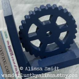 Gear Bookends Custom Wooden Bookends, Cog Bookends - Navy, Book Lover Gift, Steampunk Valentine's Gift - thumbnail 3
