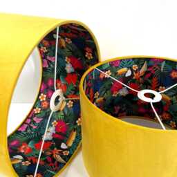 New High Quality Luxury Double Sided Lemon Yellow & Toucan Bird Botanical Print Combination Lamp Shade Drum Pendant Light - thumbnail 2