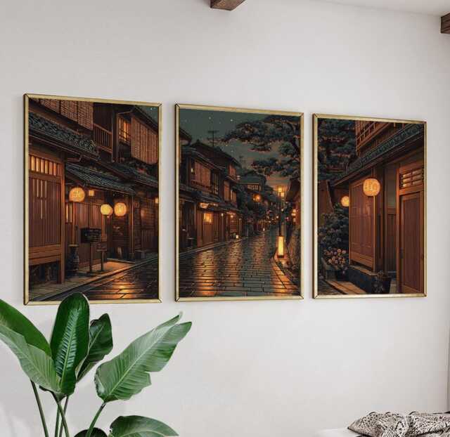 Kyoto Night Street Poster Set - Japanese Lantern Alley Art in Warm Brown & Gold - image 1
