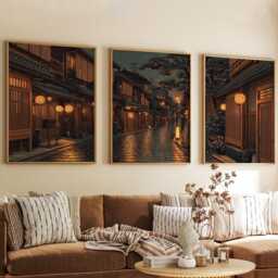 Kyoto Night Street Poster Set - Japanese Lantern Alley Art in Warm Brown & Gold - thumbnail 2