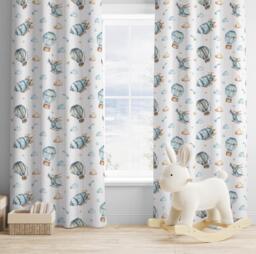 Multiple Hot Air Balloons + Blimp - Baby Blue Curtains, Nursery Curtains Non Blackout, With Eyelets