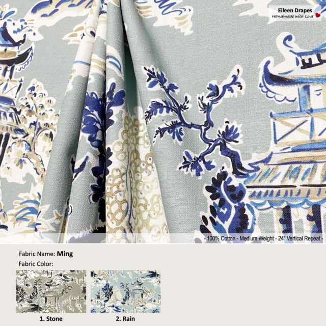 Ming 2 Colors Stone Rain Chinoiserie Garden Toile Pavilion Gray Blue Cotton Curtain, Valance Pleated, Lined Drapery Offered As Upgrades - image 1