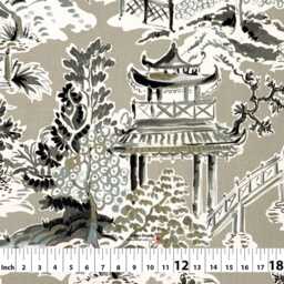 Ming 2 Colors Stone Rain Chinoiserie Garden Toile Pavilion Gray Blue Cotton Curtain, Valance Pleated, Lined Drapery Offered As Upgrades - thumbnail 2