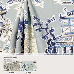 Ming 2 Colors Stone Rain Chinoiserie Garden Toile Pavilion Gray Blue Cotton Curtain, Valance Pleated, Lined Drapery Offered As Upgrades
