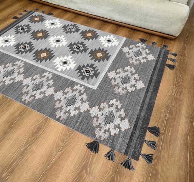 Gray Tribal Area Rug Washable Boho Tassel Rug - image 1