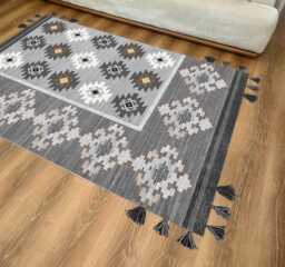 Gray Tribal Area Rug Washable Boho Tassel Rug - thumbnail 1
