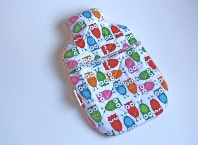 Bright Coloured Sleepy Owls Hot Water Bottle Cover, Fleece Backed For Extra Comfort, Other Colours Available, Perfect Gift Christmas - image 1