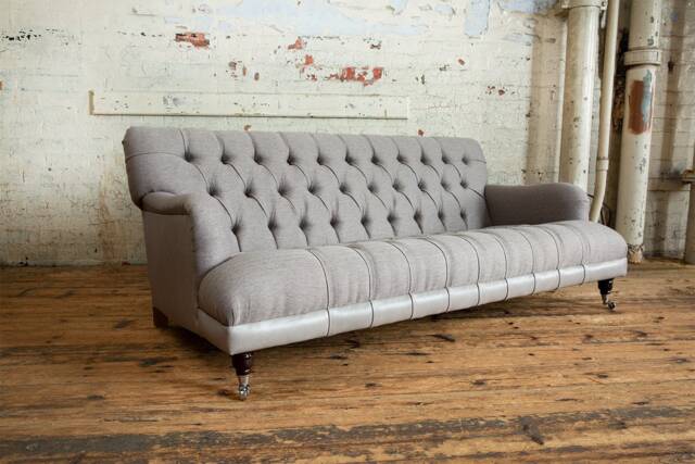 3 Seater Warm Grey Herringbone Wool Chesterfield Sofa, Vintage Leather, British Handmade - image 1