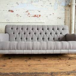 3 Seater Warm Grey Herringbone Wool Chesterfield Sofa, Vintage Leather, British Handmade - thumbnail 2