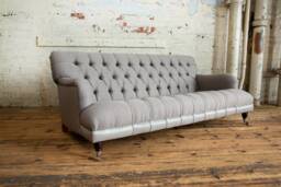 3 Seater Warm Grey Herringbone Wool Chesterfield Sofa, Vintage Leather, British Handmade
