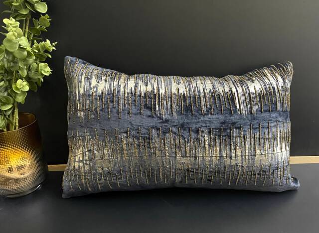 Decorative Pillow, 12x20 Inch, Contemporary Throw Poly Velvet, Foil Printed & Beaded - image 1