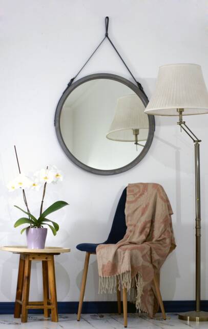 Large Round Mirror in A Modern Wooden Frame For Wall, Distressed Bathroom With Leather Strap, Farmhouse Wall - image 1