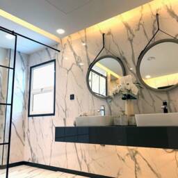 Large Round Mirror in A Modern Wooden Frame For Wall, Distressed Bathroom With Leather Strap, Farmhouse Wall - thumbnail 2