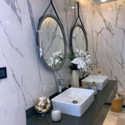Large Round Mirror in A Modern Wooden Frame For Wall, Distressed Bathroom With Leather Strap, Farmhouse Wall - thumbnail 3