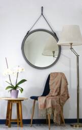 Large Round Mirror in A Modern Wooden Frame For Wall, Distressed Bathroom With Leather Strap, Farmhouse Wall