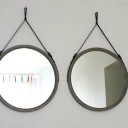 Large Round Mirror in A Modern Wooden Frame For Wall, Distressed Bathroom With Leather Strap, Farmhouse Wall - thumbnail 4