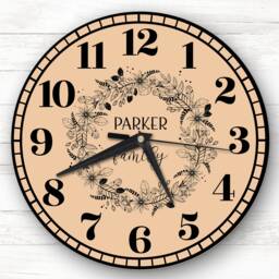 Orange Peach Black Floral Wreath Family Name Gift Personalised Clock