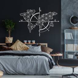 White Metal World Map Wall Art Laser Cut Geometric Design - thumbnail 1