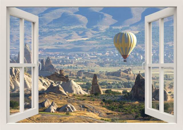 3D Window Wall Decal, Hot Air Balloons View Mural, Nature Frame, Living Room Bedroom Home Decor