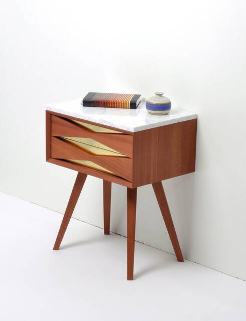 Mid Century Modern Sapele Nightstand, Brass Front, Marble Top - image 1