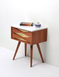 Mid Century Modern Sapele Nightstand, Brass Front, Marble Top