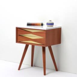 Mid Century Modern Sapele Nightstand, Brass Front, Marble Top - thumbnail 3