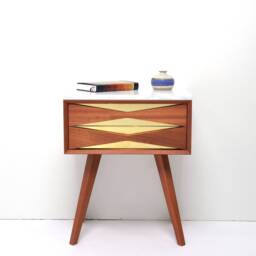 Mid Century Modern Sapele Nightstand, Brass Front, Marble Top - thumbnail 2