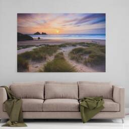 Holywell Bay Beach Picture Canvas Print Cornwall Near Newquay Sunset With Sand Dunes Beautiful Land Scape - thumbnail 2