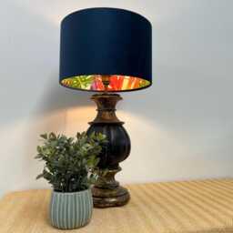 Navy Velvet Drum Lampshade, Double Sided Lampshade With Multicoloured Leaves Interior, Ceiling Light Shade - thumbnail 1