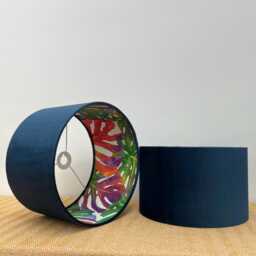 Navy Velvet Drum Lampshade, Double Sided Lampshade With Multicoloured Leaves Interior, Ceiling Light Shade - thumbnail 3