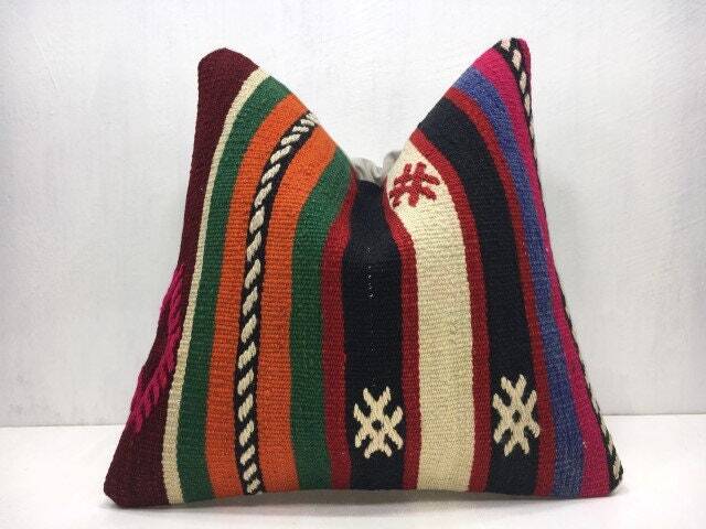 Handwoven Turkish Kilim Pillow Cover, Bohemian Accent - 16x16 - image 1