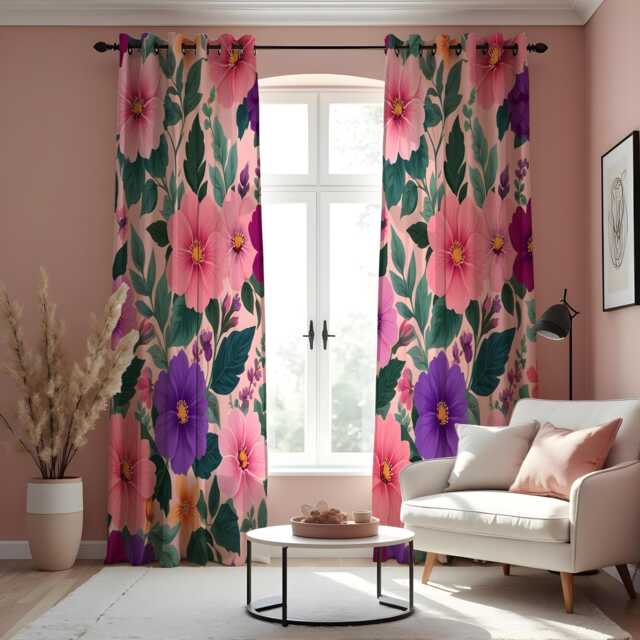 Pink & Purple Floral Curtains, Tropical Botanical Print Drapes, Custom Made To Measure Window Panels, Vibrant Flower Curtains - image 1