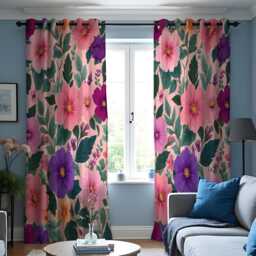 Pink & Purple Floral Curtains, Tropical Botanical Print Drapes, Custom Made To Measure Window Panels, Vibrant Flower Curtains - thumbnail 3
