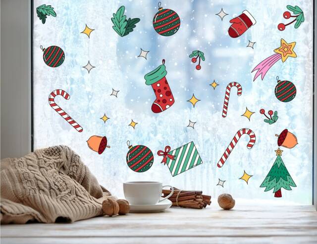 Hand Drawn Christmas Illustration Window Stickers Decals For Kids Home Wall Art Xmas Removable - image 1