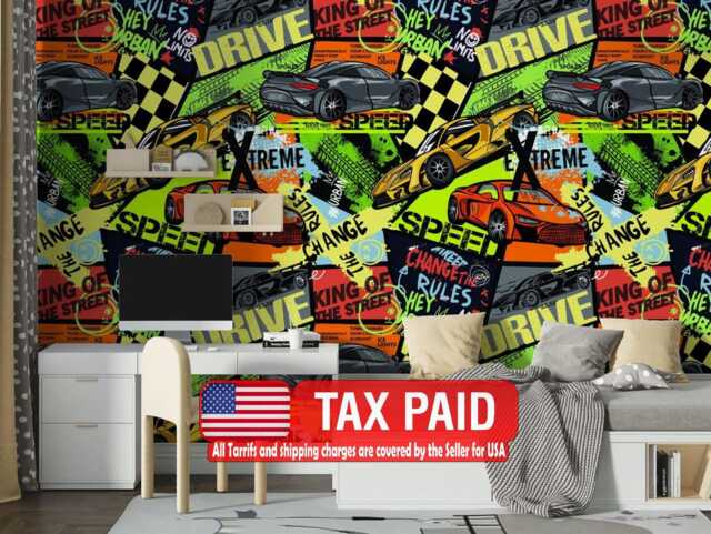 Speed Cars Racing Wallpaper, Boys Room Decor, Peel & Stick Mural - image 1