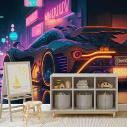 Neon Sport Car Kids Decal, Personalized Name Wall Sticker Peel & Stick Wallpaper - thumbnail 2