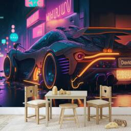 Neon Sport Car Kids Decal, Personalized Name Wall Sticker Peel & Stick Wallpaper - thumbnail 3