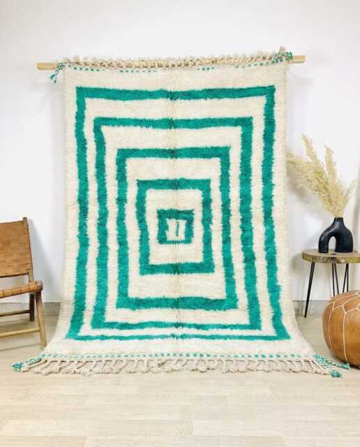 Turquoise Concentric Squares Beni Ourain Moroccan Rug, Handmade Wool Berber Shag Large Area Rug - image 1