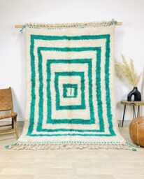 Turquoise Concentric Squares Beni Ourain Moroccan Rug, Handmade Wool Berber Shag Large Area Rug - thumbnail 1
