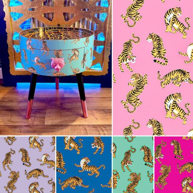 Tiger Print Wooden Round Bedside Table. Multiple Colours Available Pink, Lilac, Mint, Turquoise, Navy. Ideal For Nightstand Or Side Table - image 1